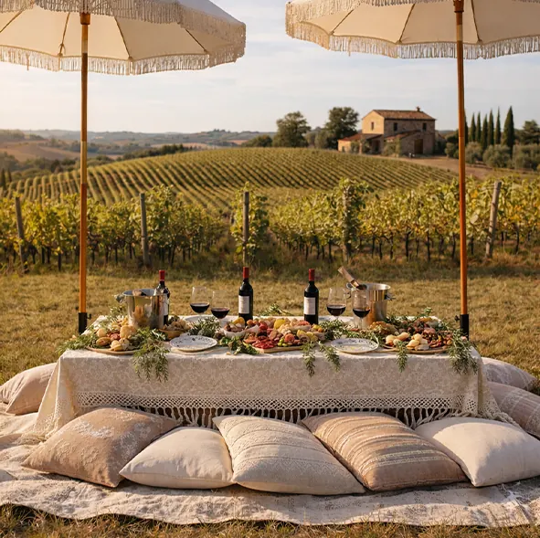 A low picnic table styled under fringed umbrellas overlooking a vineyard