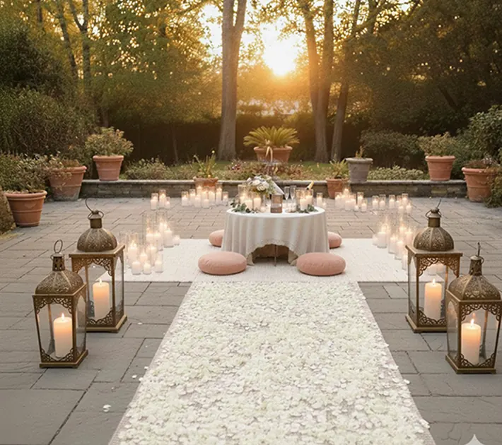 A proposal setup at sunset — rose-petal aisle, lanterns and a low styled table