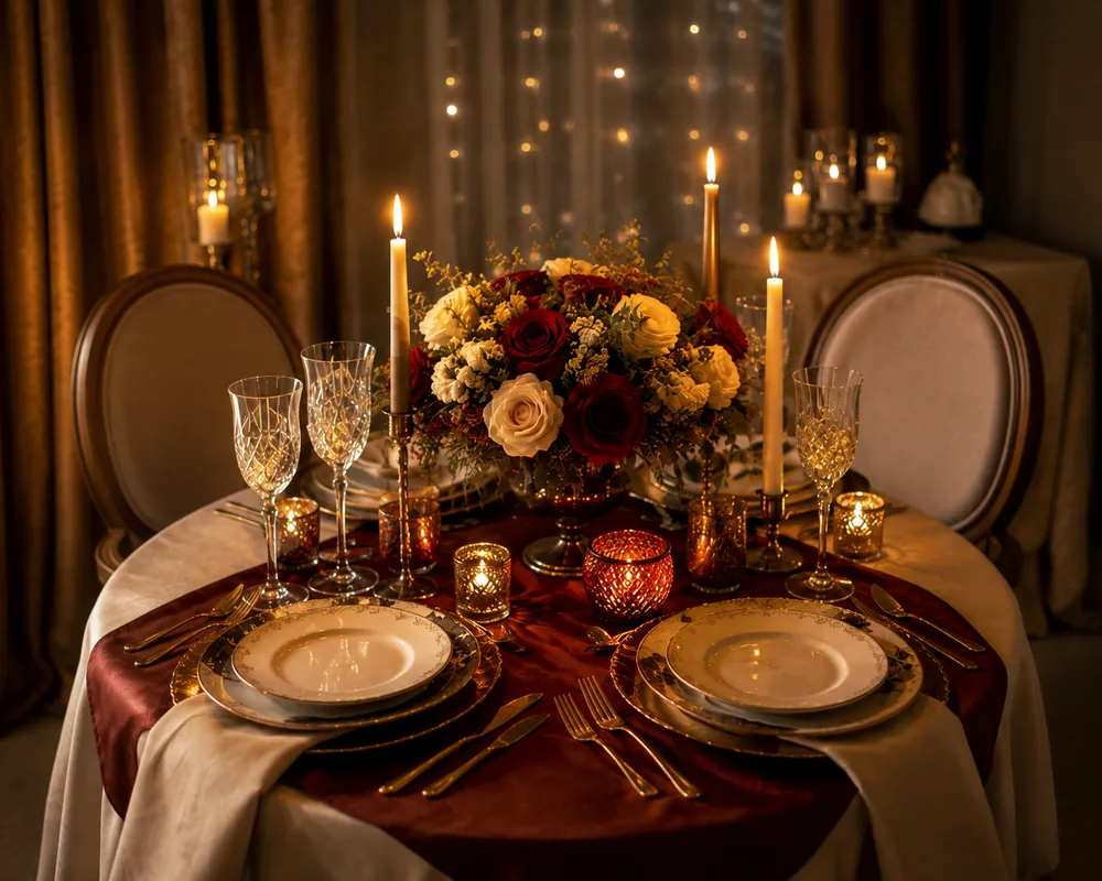 A candlelit table for two styled with autumn florals and taper candles