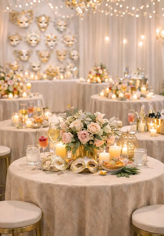 A fully styled celebration — round tables, florals, candlelight and a gold balloon backdrop