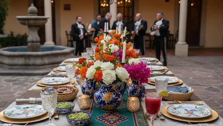 Courtyard dinner table styled with florals and candlelight