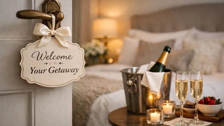 Welcome tray with champagne in a styled getaway bedroom
